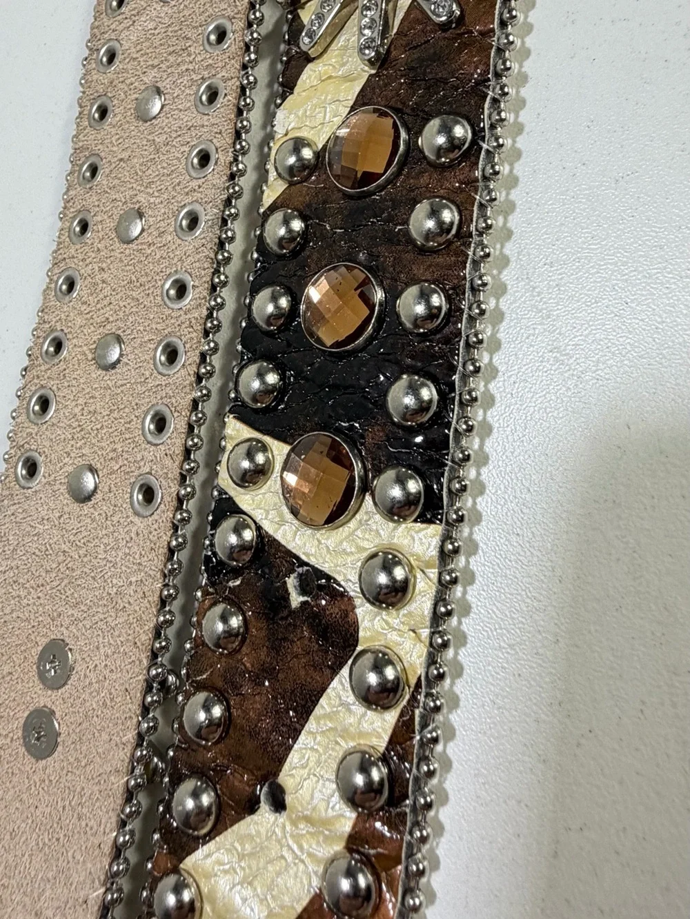 West Star Texas Large Leather Rhinestone Western Belt Brown Cream Bling